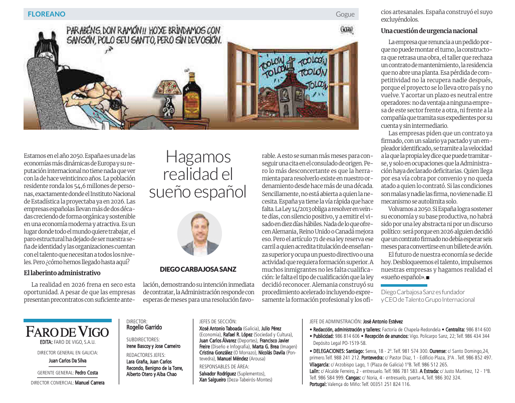 Talento internacional: Diego Carbajosa, CEO de Talento Grupo Internacional, publica un artículo de opinión en Faro de Vigo